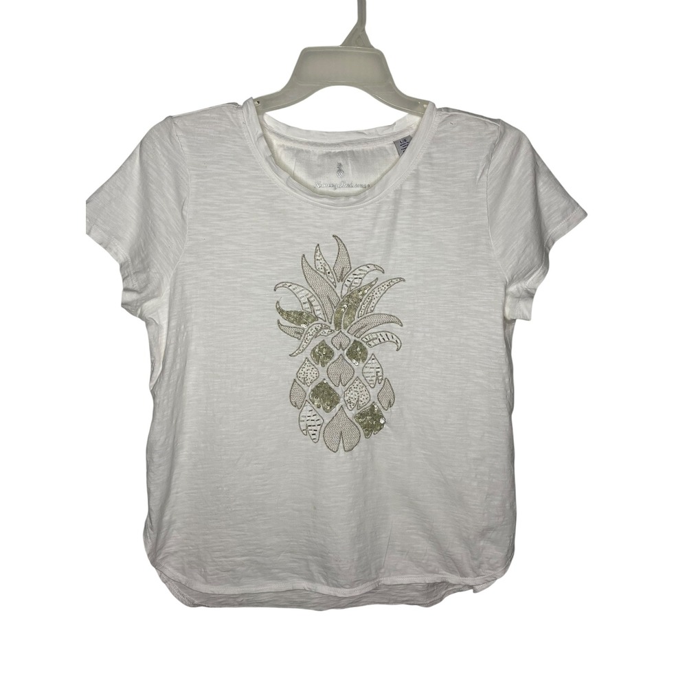 Tommy Bahama Womens White Organic Cotton Sequin Pineapple Graphic Tee Large